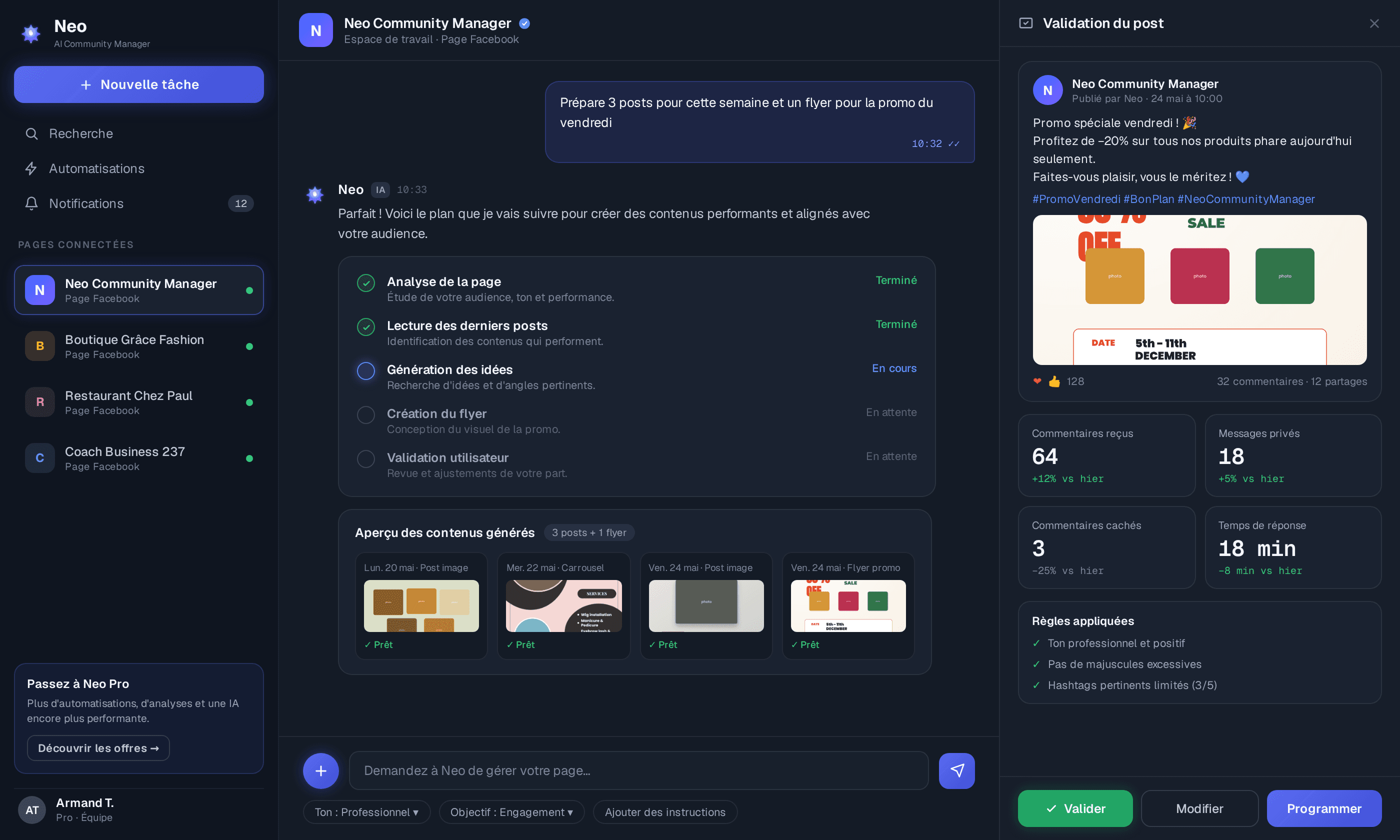 L'espace de travail Neo : plan d'action de l'agent, contenus générés et validation du post
